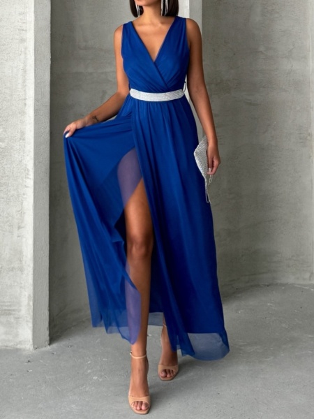 Rochie eleganta lunga din tul cu anchior petrecut