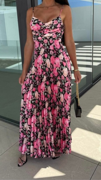 Rochie din satin plisata cu print floral
