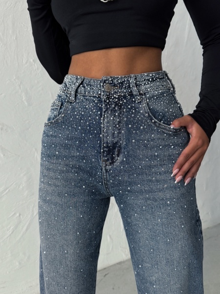 Blugi mom fit cu aplicatii din strasuri
