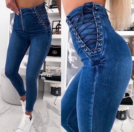 Blugi skinny cu siret pe lateral