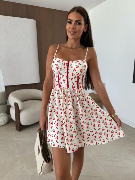 Rochie scurtă cu imprimeu cireșe și bretele subțiri