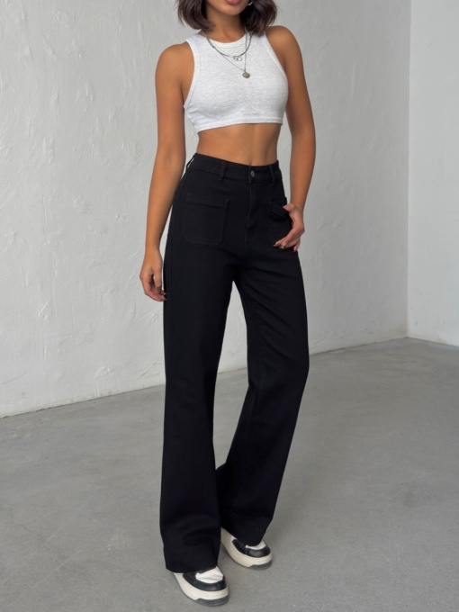 Blugi evazati elastici cu buzunare in fata - Img 1