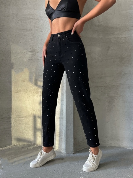 Blugi mom fit elastici cu perle
