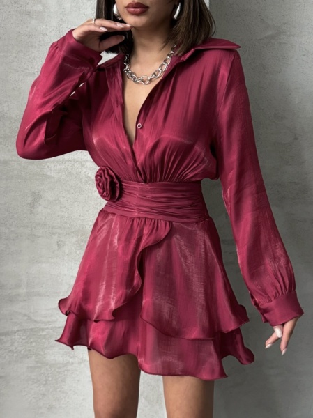 Rochie eleganta stil camasa cu maneca lunga accesorizata cu pampon