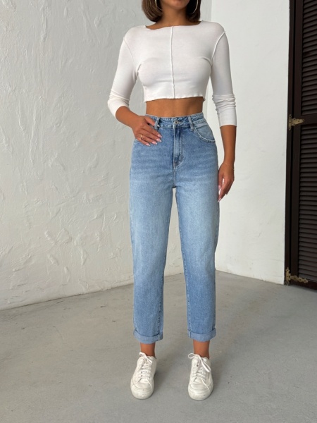 Blugi mom fit cu design simplu