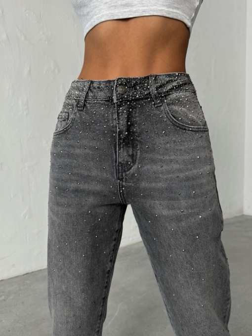 Blugi mom fit elastici cu aplicatii din strasuri