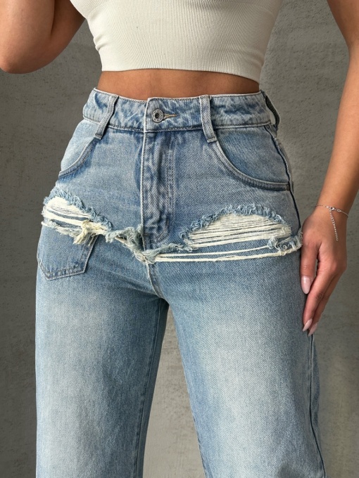 Blugi wide leg cu abraziuni în față, în zona buzunarelor - Img 1