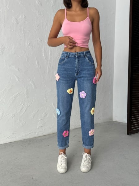 Blugi mom fit elastici cu flori aplicate