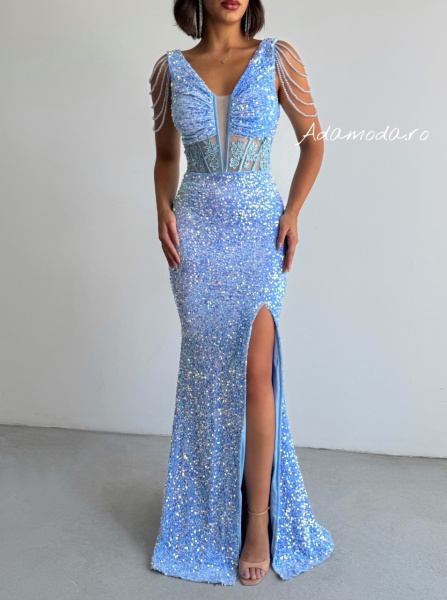 Rochie eleganta lunga cu paiete si lantisoare pe umeri