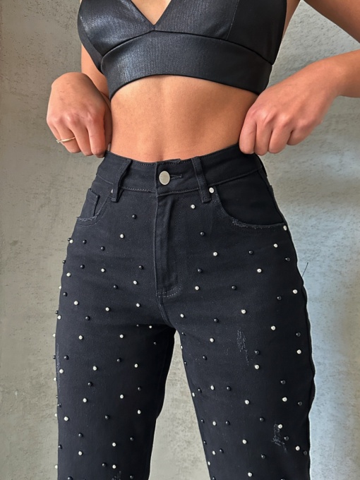 Blugi mom fit elastici cu perle