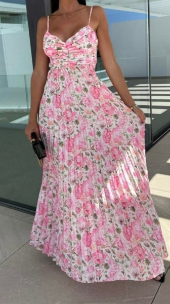 Rochie din satin plisata cu print floral