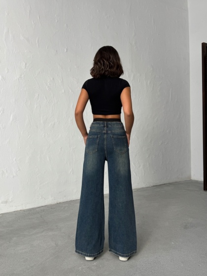 Blugi evazati cu talie elastică cu șiret - Img 4