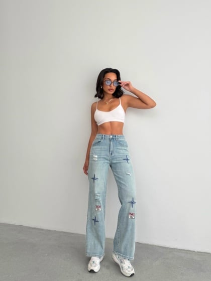 Blugi evazati elastici cu insertii brodate - Img 7