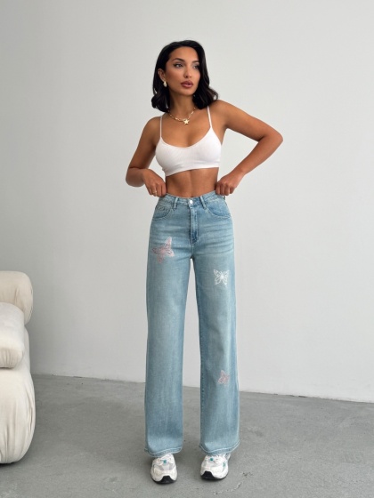 Blugi evazati elastici strasuri si design fluturi - Img 7