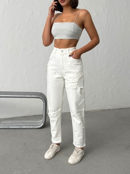 Blugi mom fit cu detalii decorative - Img 2