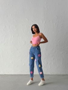 Blugi mom fit elastici cu flori aplicate - Img 6
