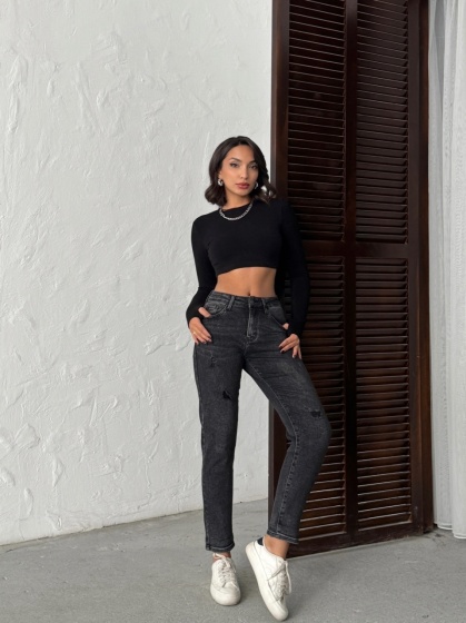 Blugi mom fit elastici cu miici rupturi - Img 6