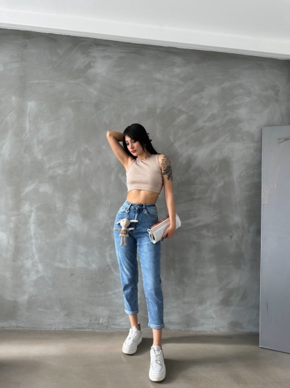 Blugi mom fit elastici cu zgarieturi - Img 2