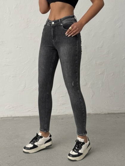 Blugi skinny elastici cu design zgariat - Img 4