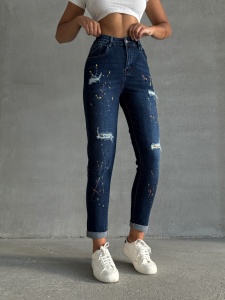Blugi skinny elastici cu rupturi si pete de vopsea - Img 1