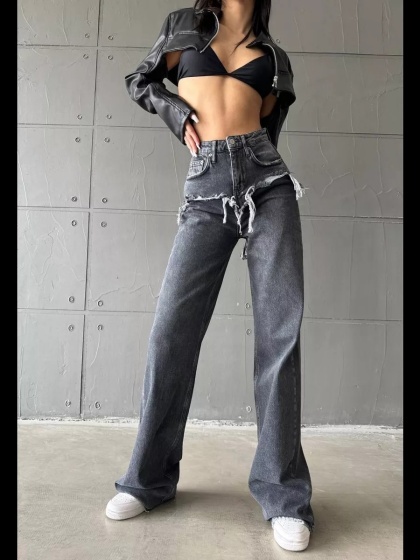 Blugi wide leg cu abraziuni în față, în zona buzunarelor - Img 4