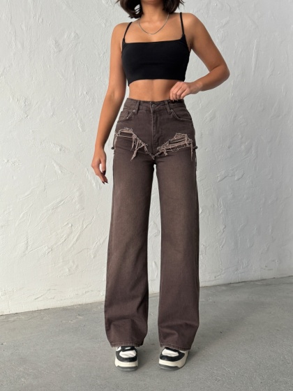 Blugi wide leg cu abraziuni în față - Img 3