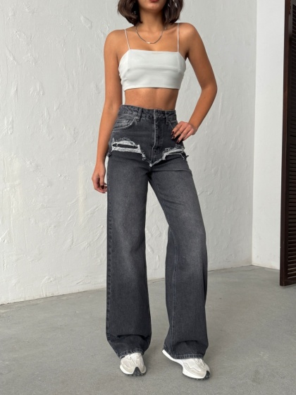 Blugi wide leg cu abraziuni în față - Img 4