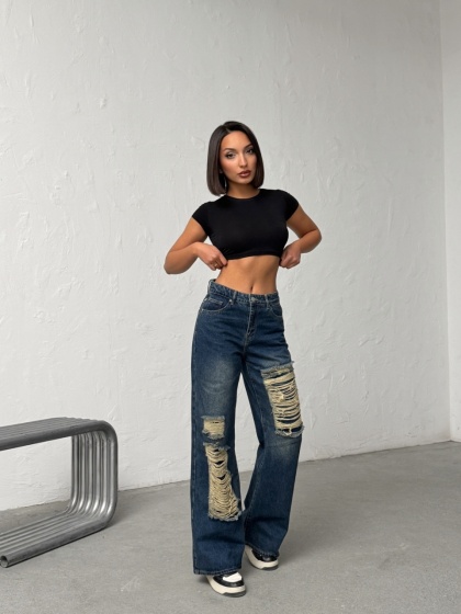 Blugi wide leg cu abraziuni - Img 5