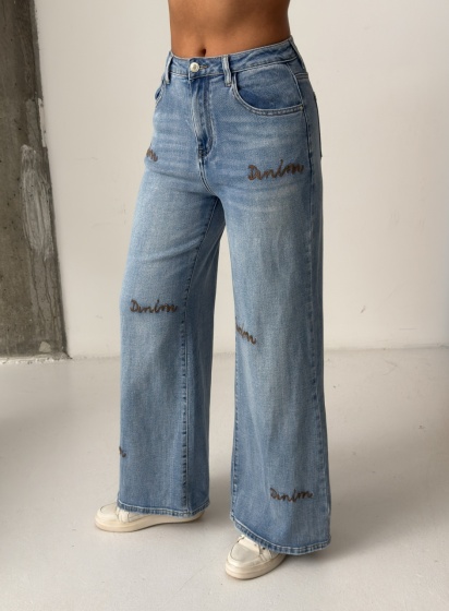 Blugi wide leg cu broderie decor - Img 3