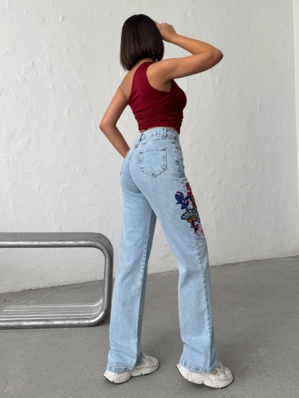 Blugi wide leg cu broderie florala - Img 3