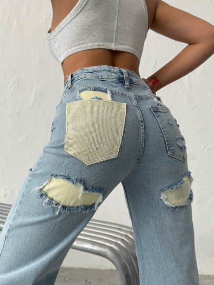 Blugi wide leg cu inserții galbene - Img 3
