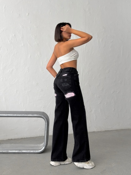 Blugi wide leg cu inserții roz - Img 4