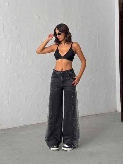 Blugi wide leg cu strasuri pe lateral - Img 5