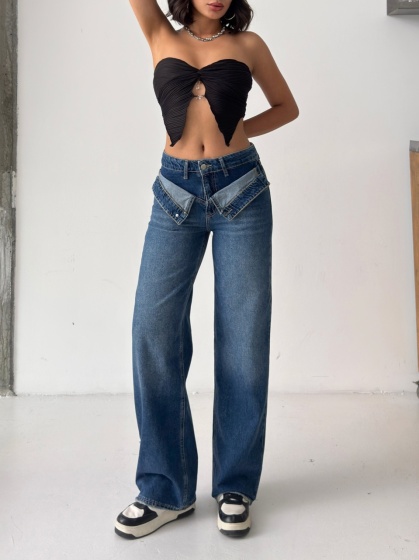 Blugi wide-leg cu talie dubla