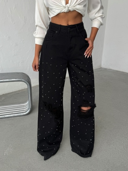 Blugi wide-leg din denim cu detalii strălucitoare - Img 3