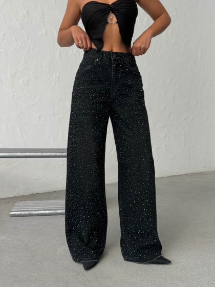 Blugi wide leg din denim cu detalii strălucitoare
