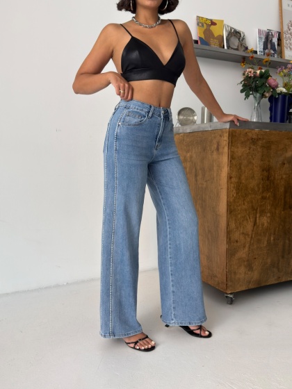 Blugi wide leg elastici cu detalii strasuri - Img 5