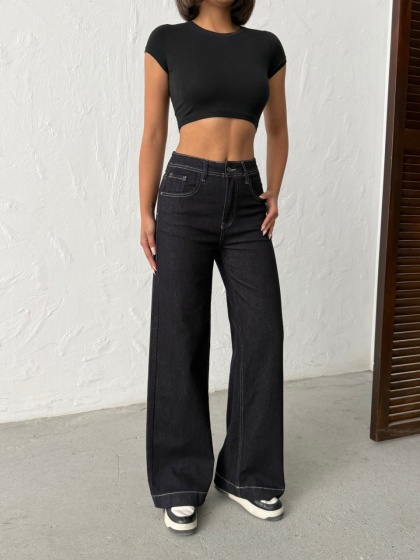 Blugi wide leg elastici cu detaliu cusaturi - Img 3