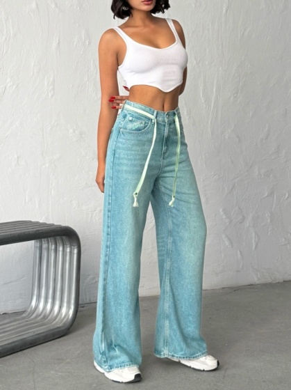 Blugi wide leg subtiri cu siret in talie