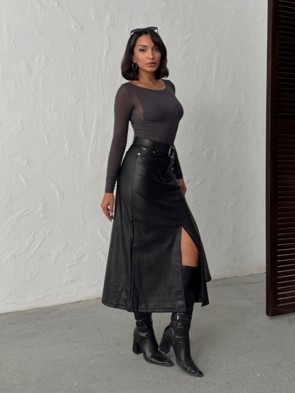 Fustă din piele ecologică cu crăpătură centrală - Img 5