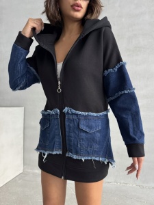 Hanorac cu fermuar din bumbac cu denim - Img 3