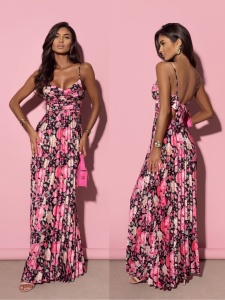 Rochie din satin plisata cu print floral - Img 1