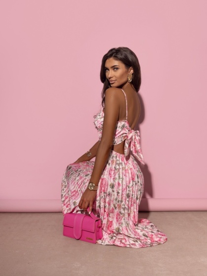 Rochie din satin plisata cu print floral - Img 5