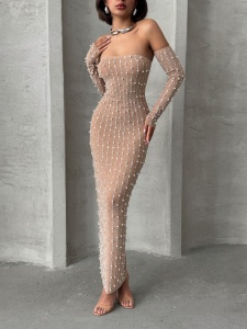 Rochie eleganta din tul cu maneci detasabile accesorizata cu perle si strasuri - Img 4