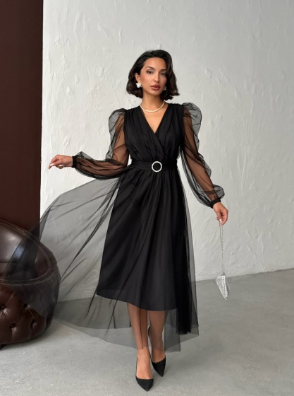 Rochie eleganta lunga cu accesoriu in talie din tull - Img 5