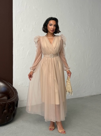 Rochie eleganta lunga cu accesoriu in talie din tull - Img 5