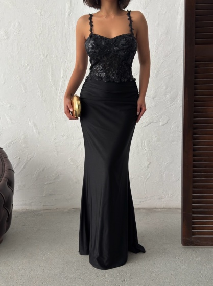 Rochie eleganta lunga cu broderie florală și paiete - Img 2
