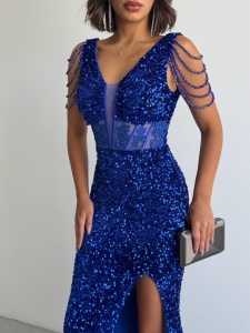 Rochie eleganta lunga cu paiete si lantisoare pe umeri - Img 3