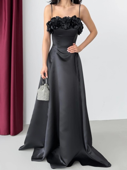 Rochie eleganta lunga din satin cu detalii florale - Img 4