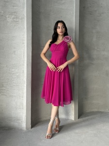 Rochie eleganta midi din voal cu accesorizata cu pampon - Img 3